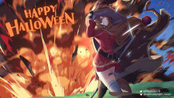 Rule 34 | 1girl, alternate costume, bandaged leg, bandages, belt, black gloves, blue sky, bluesky username, blush, breasts, brown belt, brown cape, brown hair, brown hat, brown thighhighs, cape, commentary, commission, cosplay, day, dress, english commentary, erica mendez, explosion, fingerless gloves, floating cape, gloves, grin, hand up, happy halloween, hat, highres, holding, holding staff, holding unworn clothes, holding unworn hat, kono subarashii sekai ni shukufuku wo!, long hair, looking at viewer, mage staff, medium breasts, megumin, megumin (cosplay), nogatsu, outdoors, pink eyes, raccoon girl, raccoon tail, raphtalia, red dress, second-party source, short dress, single thighhigh, skindentation, sky, smile, solo, sparkle, staff, standing, tail, tate no yuusha no nariagari, thighhighs, twitter username, unworn hat, unworn headwear, witch hat, yellow trim
