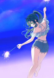 1girl ass blue_background blue_hair blue_shirt blue_shorts commentary fireworks gakuen_idolmaster green_eyes holding holding_fireworks idolmaster long_hair looking_at_viewer open_mouth ponytail shirt shorts solo sparkler tsukimura_temari yue_mao_(yukinihime)