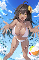 1girl :o ahoge ball beachball bikini black_hair breasts cleavage dark-skinned_female dark_skin day dot_nose dutch_angle female_focus flower hair_flower hair_ornament highres incoming_hug japanese_text kasshoku_musume_no_latina-san_ni_ore_no_karada_ga_nerawarete_iru large_breasts latina_olavomiwa long_hair looking_at_viewer navel ocean official_art open_mouth oryo_(oryo04) outdoors shiny_skin sky solo standing sunflower swimsuit tagme tongue water white_bikini yellow_eyes yellow_flower