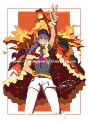 1boy absurdres aegislash arm_up border cape cccacademia champion_uniform character_name charizard commentary_request dragapult fur-trimmed_cape fur_trim gen_1_pokemon gen_6_pokemon gen_8_pokemon gigantamax gigantamax_charizard gloves grin hand_on_own_hip hat highres inteleon leggings leon_(pokemon) long_hair male_focus mr._rime nintendo pokemon pokemon_(creature) pokemon_swsh purple_hair red_cape rillaboom shirt short_sleeves shorts signature single_glove smile sparkle teeth w white_border white_leggings white_shorts wristband yellow_eyes