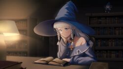 Rule 34 | 1girl, bare shoulders, black choker, blue eyes, blue hat, blunt bangs, book, bookshelf, braid, character doll, choker, commentary, desk, doll, dress, english commentary, hand on own face, haonfest, hat, highres, indoors, lamp, large hat, long hair, off-shoulder dress, off shoulder, original, reading, side braids, sitting, solo, upper body, witch, witch hat