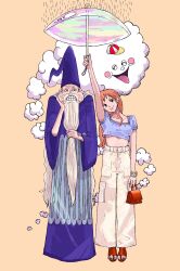 Rule 34 | 1girl, 2boys, ahoge, arm up, bag, beard, brown eyes, clenched teeth, closed mouth, cloud, crop top, earrings, facial hair, full body, hand on own cheek, hand on own face, handbag, haredas, hat, highres, holding, holding umbrella, jewelry, log pose, long beard, long hair, long sleeves, looking to the side, multiple boys, mustache, nami (one piece), old, old man, one piece, open mouth, orange hair, pants, pink umbrella, purple robe, rain, robe, ryujidj, simple background, smile, standing, stroking beard, teeth, umbrella, very long hair, white hair, white pants, wide sleeves, wizard hat, wrinkled skin, zeus (one piece)