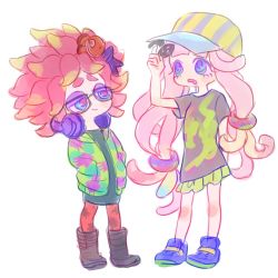 2girls abxy animal_print annie_(splatoon) baseball_cap blue_eyes bracelet clownfish drooling eyelashes eyeshadow fish fish_hair_ornament harmony_(splatoon) green_skirt hair_ornament hands_in_pockets harmony&#039;s_clownfish_(splatoon) harmony_(splatoon) hat hood hoodie jewelry long_hair makeup miniskirt multiple_girls nintendo orange_legwear pantyhose pink_hair pleated_skirt sanpaku sea_anemone shoes simple_background skirt sneakers splatoon_(series) splatoon_1 squid squid_print tentacle_hair trait_connection uzus