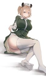 1girl absurdres animal_ears blush breasts brown_hair clothes_lift dress dress_lift full_body garter_straps green_dress green_eyes harikyon_dzs hat highres indie_virtual_youtuber large_breasts looking_at_viewer nimi_nightmare nurse_cap simple_background smile solo tapir_ears tapir_girl thighhighs virtual_youtuber white_background white_thighhighs