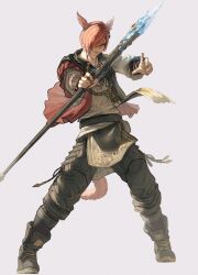1boy animal_ears armor arms_up bimel_isabella black_pants black_scarf boots cat_ears closed_mouth commentary_request facial_mark faulds final_fantasy final_fantasy_xiv fingernails g&#039;raha_tia hair_over_one_eye highres holding holding_staff holding_weapon hood hood_down jewelry korean_commentary long_sleeves looking_to_the_side male_focus miqo&#039;te multiple_necklaces neck_tattoo necklace one_eye_covered open_clothes open_shirt outstretched_arms pants red_eyes red_shirt scarf shirt sideways_glance simple_background smile solo staff tattoo weapon white_background white_shirt