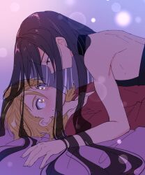Rule 34 | 2boys, amber (fire emblem), back, backless outfit, black hair, blonde hair, fire emblem, fire emblem engage, highres, l (matador), looking at viewer, lying on person, multiple boys, nintendo, on bed, red eyes, seadall (fire emblem), yaoi, yellow eyes