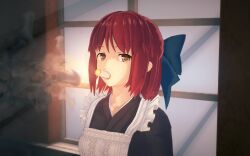 1girl anarchysoldat apron bow cigarette hair_bow highres indoors kohaku_(tsukihime) koikatsu_(medium) long_sleeves looking_at_viewer maid red_hair short_hair smoke smoking solo too_many too_many_cigarettes tsukihime tsukihime_(remake) window yellow_eyes