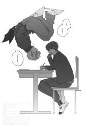 2boys bandaged_hand bandages blazer chair demon_wings desk floating greyscale hand_in_pocket highres ijjadd0000 jacket kenmochi_touya kenmochi_touya_(1st_costume) kuzuha_(1st_costume)_(nijisanji) kuzuha_(nijisanji) looking_at_another male_focus monochrome multiple_boys nijisanji on_chair pants pen school_chair school_desk school_uniform shoes short_hair sitting slippers sneakers socks speech_bubble translation_request upside-down virtual_youtuber wings