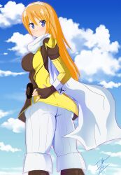 1girl 2015 absurdres alternate_breast_size alternate_color alternate_costume armor ass belt blue_eyes blue_sky blush boots breasts cape cloud cloudy_sky coat covered_erect_nipples dress fingerless_gloves fire_emblem fire_emblem_awakening from_behind gloves hand_on_own_hip highres imass21 large_breasts long_hair looking_at_viewer lucina_(fire_emblem) nintendo o-ring o-ring_belt orange_hair pants short_dress shoulder_armor sideboob skin_tight sky super_smash_bros. thighs tiara tight_clothes tight_pants tunic white_cape white_coat white_pants wrist_cuffs