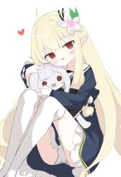 1girl absurdres character_request check_character check_copyright commentary copyright_request dress frilled_dress frills highres kneehighs korean_commentary long_hair panties pointy_ears red_eyes simple_background socks solo stuffed_toy underwear user_yths2234 white_panties