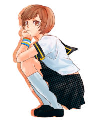 1girl :3 atlus az0212 bad_id bad_pixiv_id brown_eyes brown_hair female_focus persona persona_4 satonaka_chie school_uniform short_hair skirt socks solo wristband