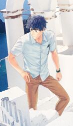 Rule 34 | 1boy, bags under eyes, black eyes, black hair, brown pants, buttons, closed mouth, collared shirt, commentary, day, dress shirt, eyewear in pocket, fate/grand order, fate (series), feet out of frame, hand on own hip, ikezawa shin, looking back, male focus, official art, outdoors, pants, partially unbuttoned, photo background, saitou hajime (fate), saitou hajime (tour outfit) (fate), shirt, short hair, short sleeves, solo, stairs, standing, sunglasses, sunlight, third-party source, unworn eyewear, watch, white shirt, wing collar, wristwatch