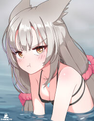 1girl absurdres animal_ear_fluff animal_ears bikini black_bikini breasts cat_ears chest_jewel flustered gloves grey_hair highres in_water long_hair looking_at_viewer low_twintails nia_(blade)_(xenoblade) nia_(xenoblade) partially_submerged pout small_breasts solo swimsuit twintails xenoblade_chronicles_(series) xenoblade_chronicles_2 yellow_eyes zambonito