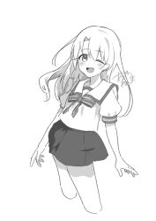 1girl akaneko016 blush breasts fate/kaleid_liner_prisma_illya fate_(series) greyscale highres homurabara_academy_school_uniform illyasviel_von_einzbern long_hair looking_at_viewer monochrome neck_ribbon one_eye_closed open_mouth puffy_short_sleeves puffy_sleeves ribbon sailor_collar school_uniform shirt short_sleeves sidelocks skirt small_breasts smile solo