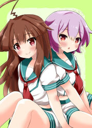 2girls ahoge blush brown_eyes brown_hair commentary hair_between_eyes kantai_collection kuma_(kancolle) long_hair long_sleeves looking_at_viewer multiple_girls neckerchief pink_hair red_eyes red_neckerchief rikaon sailor_collar school_uniform serafuku short_hair short_sleeves shorts simple_background sitting smile tama_(kancolle) white_shorts