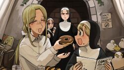 5girls :d baby_animal bird blonde_hair blue_eyes book brown_eyes brown_hair chicken closed_eyes clumsy_nun_(diva) commentary diva_(hyxpk) donut duck duckling english_commentary feeding food froggy_nun_(diva) highres hungry_nun_(diva) little_nuns_(diva) long_hair mole mole_on_cheek mole_under_mouth multiple_girls note nun open_mouth pointing shirt smile star_ornament strict_nun&#039;s_mother_(diva) strict_nun_(diva) traditional_nun white_shirt