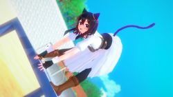 1girl 3d animal_ears ankle_boots armor belt belt_boots black_gloves black_hair black_tail black_thighhighs blue_eyes blue_sky blurry blurry_background blush body_armor boots breastplate brown_belt brown_boots cat_ears cat_girl cat_tail chest_armor chest_plate cowboy_boots day dress earrings fingerless_gloves fran_(tensei_shitara_ken_deshita) from_side full_body gloves gold_earrings hair_between_eyes highres jewelry kirbro leaning_forward leather leather_belt leather_boots looking_at_viewer looking_to_the_side medium_hair nail_polish open_mouth outdoors pink_nails puffy_sleeves riding_boots sand short_sleeves sky solo standing tail tensei_shitara_ken_deshita thighhighs tree wall white_dress