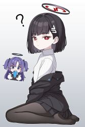 Rule 34 | 2girls, ?, absurdres, aged down, black hair, black halo, black pantyhose, blue archive, breasts, bright pupils, cellphone, halo, highres, holding, holding phone, jacket, long hair, long sleeves, mechanical halo, multiple girls, pantyhose, phone, purple eyes, purple hair, red eyes, rio (blue archive), short hair, small breasts, smartphone, sweater, turtleneck, turtleneck sweater, two side up, vector (dmlddmld00), white pupils, white sweater, yuuka (blue archive)