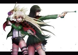 Rule 34 | 2girls, black border, black hair, blonde hair, blue eyes, border, bow, bowtie, breasts, burn the witch, burning, capelet, green eyes, gun, large breasts, long hair, multiple girls, niihashi noel, ninny spangcole, no.4, open clothes, open shirt, shorts, skirt, small breasts, spiked hair, suspenders, teeth, thigh strap, thighhighs, thighs, twintails, under shirt, wand, weapon, white background, witch
