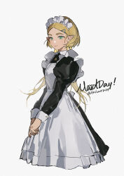1girl akihare apron blonde_hair dress green_eyes highres long_hair looking_at_viewer maid maid_day nintendo pointy_ears princess_zelda the_legend_of_zelda the_legend_of_zelda:_breath_of_the_wild the_legend_of_zelda:_tears_of_the_kingdom