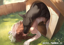 1boy 1girl all_fours bestiality blurry blurry_background braid braided_ponytail breasts bridal_veil brown_hair commentary day dobermann dog elbow_gloves english_commentary fence french_kiss gloves grass highres interspecies kennel_(animal) kiss large_breasts long_hair open_mouth original outdoors paid_reward_available polki sex thighhighs tongue tongue_out veil white_gloves white_thighhighs wooden_fence