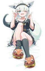 Rule 34 | 1boy, 1girl, ;d, absurdres, animal ears, black shirt, black socks, breasts, cleavage, commentary request, double fox shadow puppet, fox ears, fox girl, fox shadow puppet, fox tail, highres, hololive, long hair, looking at viewer, medium breasts, one eye closed, open mouth, pentagram, shirakami fubuki, shirakami fubuki (loungewear), shirt, simple background, smile, socks, tail, thighs, verdey, virtual youtuber, white background, white hair