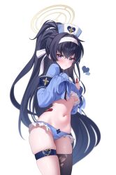 1girl aqua74286 bandaid black_hair black_thighhighs blue_archive blue_panties blush breasts hairband halo hat heart high_ponytail highres long_hair long_sleeves looking_at_viewer medium_breasts miyu_(blue_archive) navel panties ponytail simple_background single_thighhigh sleeves_past_fingers sleeves_past_wrists solo thigh_strap thighhighs thighs underboob underwear very_long_hair
