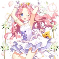 1girl animal_ears armpits baby_animal bare_legs bird blue_eyes chick dress flower gloves hair_flower hair_ornament kaguya_fullmoon long_hair off-shoulder_dress off_shoulder pink_hair presenting_armpit rabbit_ears rabbit_pose salt_(salty) uchi_no_hime-sama_ga_ichiban_kawaii wavy_hair wedding_dress white_gloves