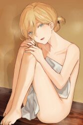 androgynous bare_shoulders blonde-haired_boy_(sunaba_(nczd5875)) blonde_hair blue_eyes blush bottomless bulge fang feet hair_bun half-closed_eyes hands_on_own_knees looking_at_viewer male_focus naked_towel no_shoes on_floor original sitting solo steam sunaba_(nczd5875) sweat thighs towel trap wet