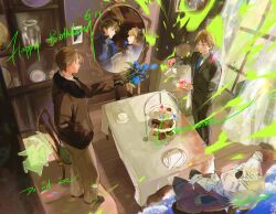 Rule 34 | 3boys, ahoge, america (hetalia), artist name, ascot, axis powers hetalia, biscuit (bread), black-framed eyewear, black gloves, black jacket, black pants, black shoes, blonde hair, bloom, blue eyes, blue flower, blue jacket, blue necktie, blue rose, bouquet, brown hair, brown jacket, brown pants, brownie (food), cabinet, cake, cake slice, carpet, chair, closed eyes, closed mouth, collared shirt, commentary request, commission, cookie, cup, cupcake, curtains, day, different reflection, english text, epaulettes, eyepatch, flower, food, formal clothes, full body, fur-trimmed jacket, fur trim, glasses, gloves, green eyes, green necktie, hand in pocket, hand on own head, hand on own stomach, hand up, happy birthday, hat, highres, holding, holding bouquet, holding kettle, holding plate, indoors, jacket, jar, kettle, lapels, laughing, leaf, long sleeves, looking at another, macaron, male focus, military jacket, military uniform, mini hat, mirror, multiple boys, multiple persona, necktie, open clothes, open jacket, open mouth, pants, picture frame, plate, pouring, purple hat, purple jacket, rantsuuu, red jacket, reflection, rose, semi-rimless eyewear, shadow, shirt, shoes, short hair, sitting, smile, spirit, standing, suit, suit jacket, sweatdrop, table, tablecloth, tea, teeth, united kingdom (hetalia), white ascot, white gloves, white shirt, window, wooden floor, yaoi