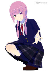1girl absurdres blazer blue_eyes blue_jacket blue_skirt blunt_bangs braid closed_mouth collared_shirt copyright_name copyright_notice full_body hair_tie hand_on_own_knee hayashi_shunsuke highres jacket kaf_(kamitsubaki_studio) kamitsubaki_city_under_construction kamitsubaki_studio kneehighs kneeling loafers long_hair looking_at_viewer low_twintails magazine_scan megami_magazine multicolored_eyes neck_ribbon official_art pink_hair plaid_clothes plaid_skirt pleated_skirt reaching reaching_towards_viewer red_eyes red_ribbon ribbon scan school_uniform shirt shoes simple_background skirt smile socks solo twin_braids twintails white_background white_shirt yellow_pupils