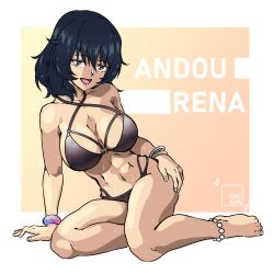 1girl andou_(girls_und_panzer) bikini black_bikini black_hair breasts brown_eyes character_name girls_und_panzer hal_san large_breasts looking_at_viewer navel open_mouth short_hair simple_background solo swimsuit