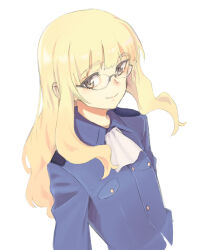 1girl ascot blonde_hair blue_shirt blunt_bangs buttons collared_shirt commentary_request cropped_torso dress_shirt dutch_angle eyebrows_hidden_by_hair glasses gold_buttons highres long_hair long_sidelocks long_sleeves looking_at_viewer military_uniform perrine_h._clostermann shiratama_(hockey) shirt shoulder_boards sidelocks simple_background smile solo strike_witches wavy_hair white_ascot white_background world_witches_series