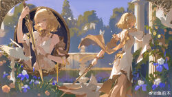 1girl absurdres aglaea_(honkai:_star_rail) ancient_greek_clothes bare_shoulders bird blonde_hair blue_eyes bush commentary_request dress flower fountain greco-roman_clothes head_wreath highres holding holding_sword holding_weapon honkai:_star_rail honkai_(series) laurel_crown medium_hair multiple_views nail_polish outdoors sky sword tree water weapon white_dress yuyumu