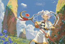 Rule 34 | 1boy, 1girl, absurdres, bird, blue hair, climbing, cloak, cloud, crolingo, day, earrings, elf, flower, frieren, gold trim, green eyes, highres, himmel (sousou no frieren), holding, jewelry, long hair, mage staff, pantyhose, pointy ears, sousou no frieren, twintails, white hair