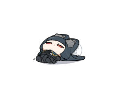 1girl absurdly_long_hair absurdres animal_ear_fluff animal_ears aqua_capelet black_hair black_necktie black_skirt blunt_bangs blunt_ends blush_stickers chibi commentary_request highres hime_cut hoshimi_miyabi jitome long-eared_miyabi_(meme) long_hair lying meme necktie no_mouth on_back pleated_skirt red_eyes shinonome_nashi shirt simple_background skirt solo very_long_ears very_long_hair watermark white_background white_shirt zenless_zone_zero