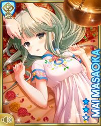 2girls :o card_(medium) day girlfriend_(kari) grey_eyes indoors long_hair looking_at_viewer lying masaoka_mai massage multiple_girls official_art on_back open_mouth petals qp:flapper rose_petals shirt shorts spa white_shirt white_shorts