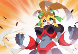 Rule 34 | 1girl, antennae, armor, armored gloves, bikini armor, blonde hair, clenched hands, cowboy shot, earphones, green eyes, green ribbon, hairband, high ponytail, hyper roll (marvel vs. capcom), kaidou zx, long hair, marvel vs. capcom, marvel vs. capcom 2, mechanical arms, mechanical legs, mega man (classic), mega man (series), ponytail, radio antenna, red armor, ribbon, robot girl, roll (mega man), shoulder armor, sidelocks, single mechanical arm, solo