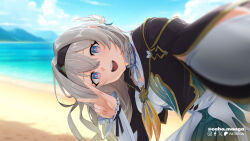 1girl beach black_hairband blue_pupils blurry blurry_background carlos_cabs commentary cropped_jacket depth_of_field english_commentary firefly_(honkai:_star_rail) grey_hair hair_between_eyes hair_intakes hairband highres honkai:_star_rail honkai_(series) long_hair long_sleeves looking_at_viewer multicolored_eyes neckerchief open_mouth orange_neckerchief patreon_logo pink_pupils reaching selfie shirt smile solo teeth twitter_username two-tone_eyes v watermark white_shirt