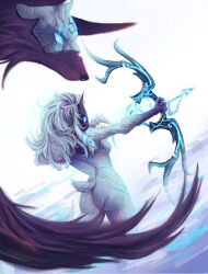 1girl arrow_(projectile) ass audre_art body_fur bow_(weapon) from_behind furry furry_female glowing glowing_eyes grey_fur grey_hair holding holding_arrow holding_bow_(weapon) holding_weapon kindred_(league_of_legends) lamb_(league_of_legends) league_of_legends long_hair mask tail weapon white_fur wolf_(league_of_legends)