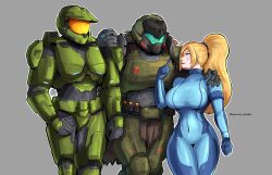 Rule 34 | 1girl, 2boys, absurdres, assault visor, blonde hair, blue bodysuit, bodysuit, doom: the dark ages, doom (series), doom eternal, doomguy, grey visor, halo (series), highres, impossible bodysuit, impossible clothes, master chief, metroid, mole, mole under mouth, multiple boys, nintendo, orange visor, praetor suit, samus aran, skin tight, smile, space marine, spartans doodles, zero suit
