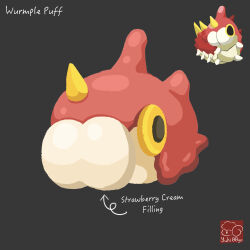 arrow_(symbol) artist_logo artist_name character-themed_food character_name cream_puff food food_focus food_name gen_3_pokemon grey_background highres icing logo nintendo no_humans pokemon pokemon_(creature) simple_background wurmple yuki00yo