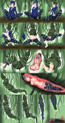 1girl absurdres barefoot blue_eyes blue_hair blue_jacket bone comic death digesting_girl digestion feet hat highres jacket pants persona persona_4 plant shirogane_naoto shirt shoes snifer25 snuff soles spitting_up_remains toes undressing undressing_another unworn_hat unworn_headwear unworn_shoes vines vore white_shirt