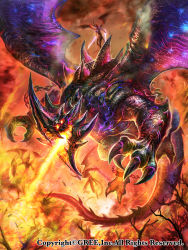absurdres breath_weapon breathing_fire commentary_request demon dragon extra_eyes fire highres monster official_art open_mouth seisen_cerberus spikes tree watermark wings z.dk