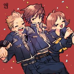 1girl 2boys arm_around_shoulder black_gloves blonde_hair blue_eyes blue_jacket blue_pants brown_hair chain chain_necklace closed_eyes confetti cropped_jacket dated final_fantasy final_fantasy_viii fingerless_gloves gloves highres holding_another&#039;s_arm jacket jewelry military_uniform multiple_boys neckerchief necklace nobu_(25mark) open_mouth pants red_background scar scar_on_face selphie_tilmitt shirt short_hair smile squall_leonhart upper_body white_shirt yellow_neckerchief zell_dincht