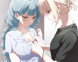 2girls adjusting_another&#039;s_clothes against_wall arm_at_side averting_eyes bang_dream! bang_dream!_it&#039;s_mygo!!!!! black_sleeves blonde_hair blue_hair blush bracelet braid breasts buttoning buttons chain chain_bracelet cleavage closed_mouth collarbone collared_shirt commentary ear_blush fingernails gradient_background grey_background grey_shirt hair_behind_ear hair_ornament hair_ribbon hair_scrunchie hand_up hands_up jewelry large_breasts long_hair looking_at_another looking_down looking_to_the_side low_twin_braids low_twintails misumi_uika multiple_girls necklace official_alternate_costume official_alternate_hairstyle partially_unbuttoned ponytail profile pudding_well purple_eyes ribbon scrunchie shade shirt short_hair short_ponytail short_sleeves sideways_glance symbol-only_commentary togawa_sakiko twin_braids twintails upper_body white_background white_ribbon white_scrunchie yellow_eyes yuri