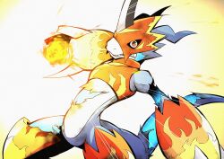Rule 34 | armor, blue skin, clenched teeth, colored skin, cowboy shot, digimon, digimon (creature), fire, fladramon, gradient background, helmet, highres, horns, incoming attack, mitosupa (qsiqydfz7nesh9w), red armor, red eyes, red helmet, sharp teeth, simple background, single horn, teeth, wireframe, yellow background