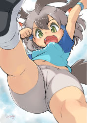 Rule 34 | 1girl, absurdres, arm up, banubeefriends, bare arms, bare legs, bike shorts, bird tail, breasts, clothes writing, cloud, cloudy sky, commentary request, covered erect nipples, crotch seam, day, female focus, foreshortening, from below, gluteal fold, greater roadrunner (kemono friends), green eyes, grey hair, hair between eyes, hair ornament, hair tubes, hand up, highres, kemono friends, kemono friends 2, looking at viewer, looking down, medium hair, multicolored hair, navel, open mouth, outdoors, shirt, shoe soles, shoes, short sleeves, shorts, sky, small breasts, solo, star (symbol), stomach, tail, thick thighs, thighs, upshirt