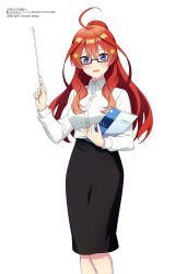 Rule 34 | 1girl, absurdres, ahoge, blue eyes, blush, breasts, copyright name, copyright notice, dress shirt, glasses, go-toubun no hanayome, hair ornament, hairclip, highres, iky, long hair, looking at viewer, magazine scan, megami magazine, nakano itsuki, official art, open mouth, red hair, scan, shirt, simple background, skirt, smile, solo, standing, white background