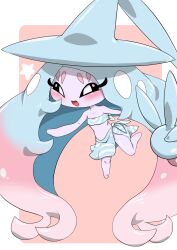 1girl absurdly_long_hair bandeau bare_shoulders big_hair black_sclera blue_bandeau blue_hair blue_hat blue_sarong blush border clothed_pokemon collarbone colored_sclera colored_skin female_focus flat_chest full_body gen_8_pokemon gradient_hair grey_skin half-closed_eyes happy hat hatterene kazamidoririnn leg_up long_hair looking_at_viewer midriff multicolored_hair nintendo no_feet open_mouth outside_border parted_bangs pink_background pink_hair pokemon pokemon_(creature) prehensile_hair sarong sidelocks simple_background smile solo star_(symbol) two-tone_hair v very_long_hair white_border white_eyes witch_hat